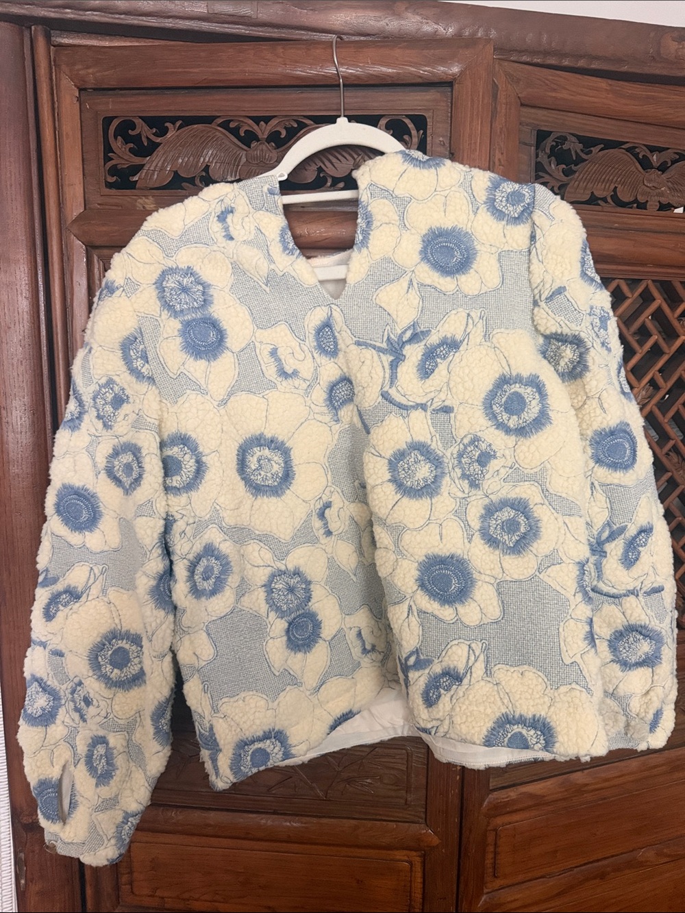 Sezane Cream and Blue Floral Teddy Jacket - Picture 3 of 3